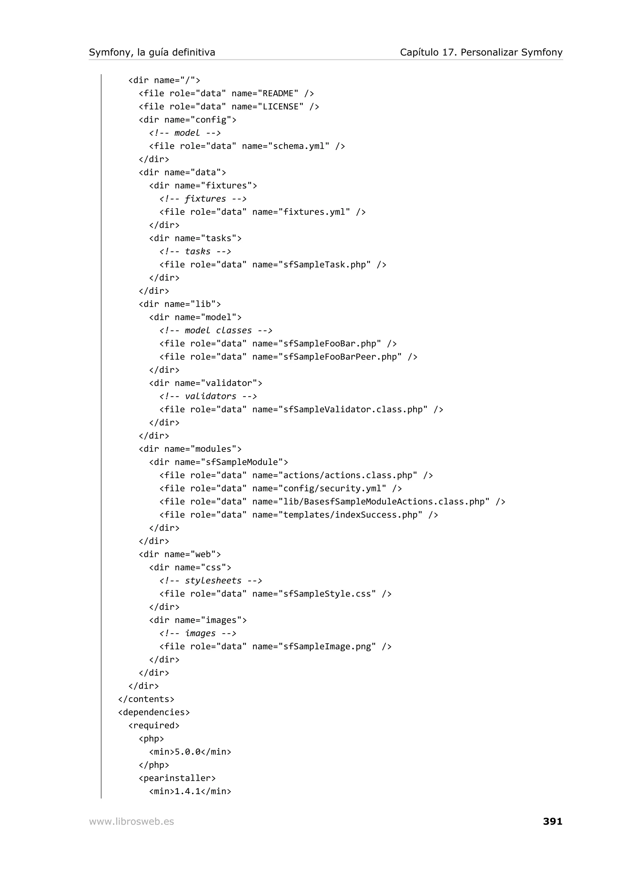 Symfony, la guía definitiva                                  Capítulo 17. Personalizar Symfony

        <dir name="/">
          <file role="data" name="README" />
          <file role="data" name="LICENSE" />
          <dir name="config">
            <!-- model -->
            <file role="data" name="schema.yml" />
          </dir>
          <dir name="data">
            <dir name="fixtures">
               <!-- fixtures -->
               <file role="data" name="fixtures.yml" />
            </dir>
            <dir name="tasks">
               <!-- tasks -->
               <file role="data" name="sfSampleTask.php" />
            </dir>
          </dir>
          <dir name="lib">
            <dir name="model">
               <!-- model classes -->
               <file role="data" name="sfSampleFooBar.php" />
               <file role="data" name="sfSampleFooBarPeer.php" />
            </dir>
            <dir name="validator">
               <!-- validators -->
               <file role="data" name="sfSampleValidator.class.php" />
            </dir>
          </dir>
          <dir name="modules">
            <dir name="sfSampleModule">
               <file role="data" name="actions/actions.class.php" />
               <file role="data" name="config/security.yml" />
               <file role="data" name="lib/BasesfSampleModuleActions.class.php" />
               <file role="data" name="templates/indexSuccess.php" />
            </dir>
          </dir>
          <dir name="web">
            <dir name="css">
               <!-- stylesheets -->
               <file role="data" name="sfSampleStyle.css" />
            </dir>
            <dir name="images">
               <!-- images -->
               <file role="data" name="sfSampleImage.png" />
            </dir>
          </dir>
        </dir>
      </contents>
      <dependencies>
        <required>
          <php>
            <min>5.0.0</min>
          </php>
          <pearinstaller>
            <min>1.4.1</min>


www.librosweb.es                                                                         391
 
