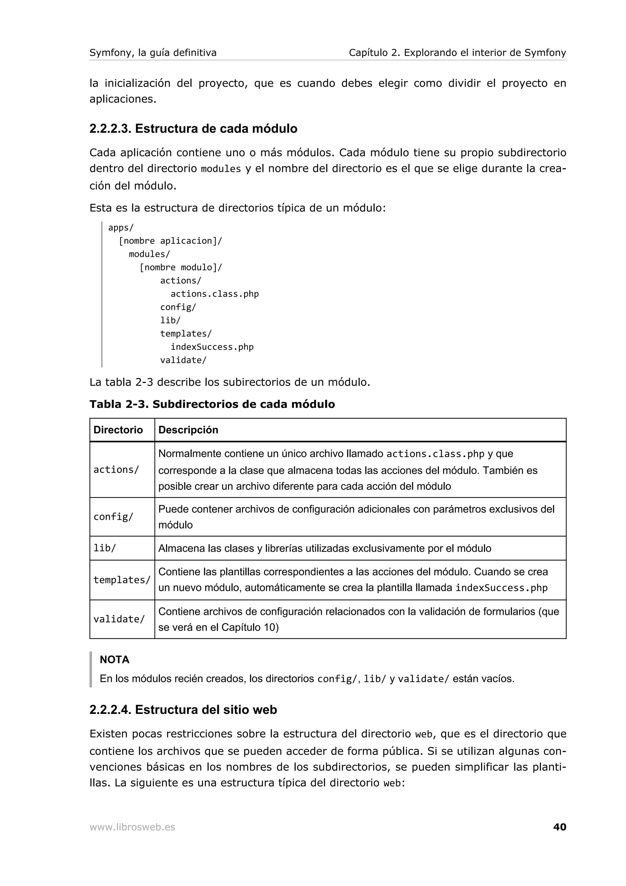 Symfony, la guía definitiva                           Capítulo 2. Explorando el interior de Symfony


la inicialización del proyecto, que es cuando debes elegir como dividir el proyecto en
aplicaciones.

2.2.2.3. Estructura de cada módulo
Cada aplicación contiene uno o más módulos. Cada módulo tiene su propio subdirectorio
dentro del directorio modules y el nombre del directorio es el que se elige durante la crea-
ción del módulo.

Esta es la estructura de directorios típica de un módulo:
   apps/
     [nombre aplicacion]/
       modules/
         [nombre modulo]/
             actions/
                actions.class.php
             config/
             lib/
             templates/
                indexSuccess.php
             validate/

La tabla 2-3 describe los subirectorios de un módulo.

Tabla 2-3. Subdirectorios de cada módulo

Directorio    Descripción

              Normalmente contiene un único archivo llamado actions.class.php y que
actions/      corresponde a la clase que almacena todas las acciones del módulo. También es
              posible crear un archivo diferente para cada acción del módulo

              Puede contener archivos de configuración adicionales con parámetros exclusivos del
config/
              módulo

lib/          Almacena las clases y librerías utilizadas exclusivamente por el módulo

              Contiene las plantillas correspondientes a las acciones del módulo. Cuando se crea
templates/
              un nuevo módulo, automáticamente se crea la plantilla llamada indexSuccess.php

              Contiene archivos de configuración relacionados con la validación de formularios (que
validate/
              se verá en el Capítulo 10)


  NOTA
  En los módulos recién creados, los directorios config/, lib/ y validate/ están vacíos.


2.2.2.4. Estructura del sitio web
Existen pocas restricciones sobre la estructura del directorio web, que es el directorio que
contiene los archivos que se pueden acceder de forma pública. Si se utilizan algunas con-
venciones básicas en los nombres de los subdirectorios, se pueden simplificar las planti-
llas. La siguiente es una estructura típica del directorio web:



www.librosweb.es                                                                                   40
 