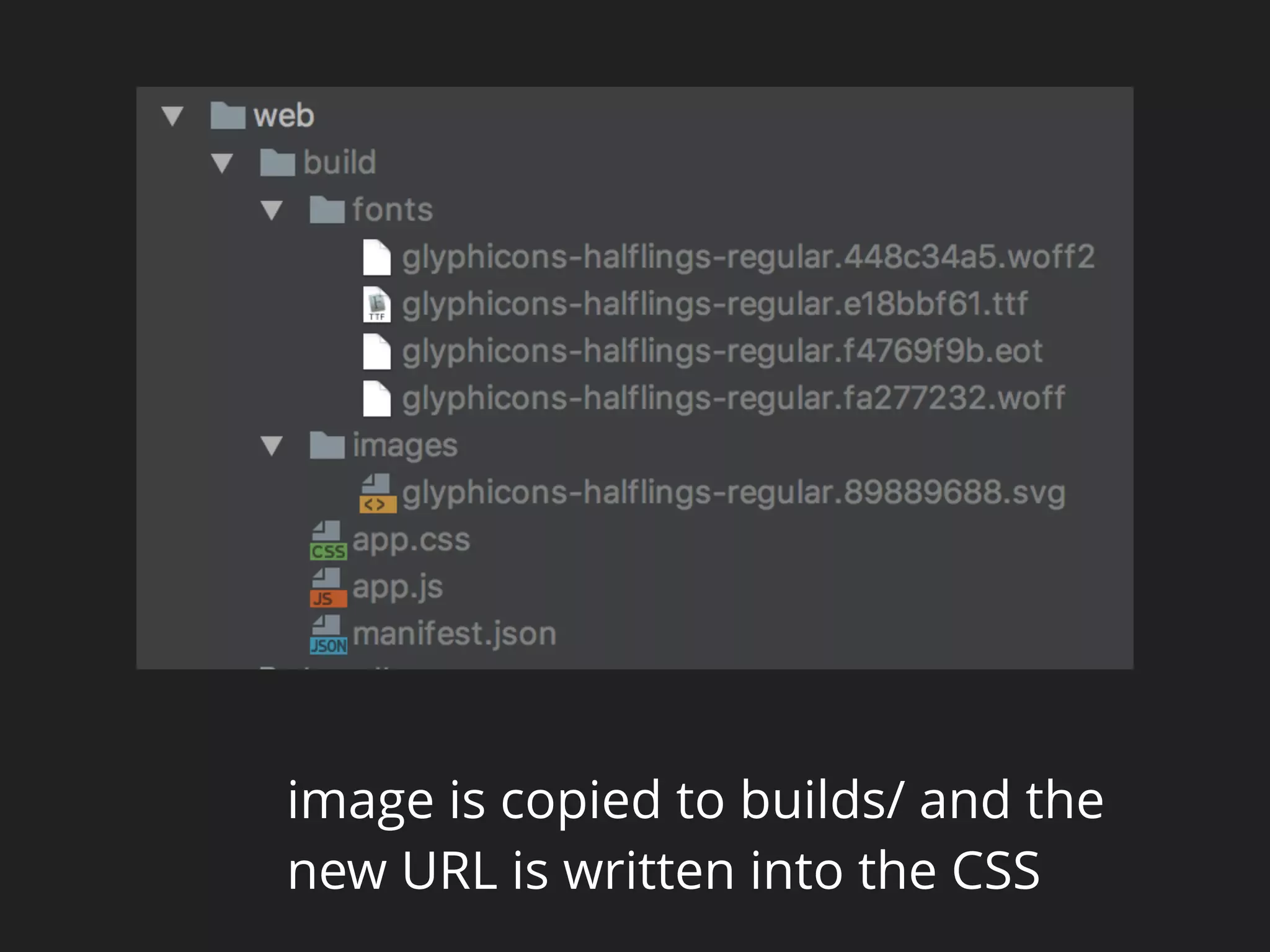 image is copied to builds/ and the
new URL is written into the CSS
 