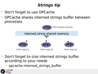 Strings tip
 Don't forget to use OPCache
 OPCache shares interned strings buffer between
processes
 Don't forget to size interned strings buffer
according to your needs
 opcache.interned_strings_buffer
interned string shared memory
PHP master process
PHP child #1 PHP child #2 PHP child #3
 
