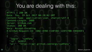 @adam_englander
You are dealing with this:
HTTP/1.1 200 OK
Date: Thu, 19 Oct 2017 06:28:02 GMT
Content-Type: application/json; charset=utf-8
Content-Length: 1009
Server: GitHub.com
Status: 200 OK
Vary: Accept-Encoding
X-GitHub-Request-Id: CD6C:D7DE:E24F3B2:123F37BB:59E845F1
{
"login": "symfony",
"id": 143937,
"url": "https://api.github.com/orgs/symfony",
. . .
 