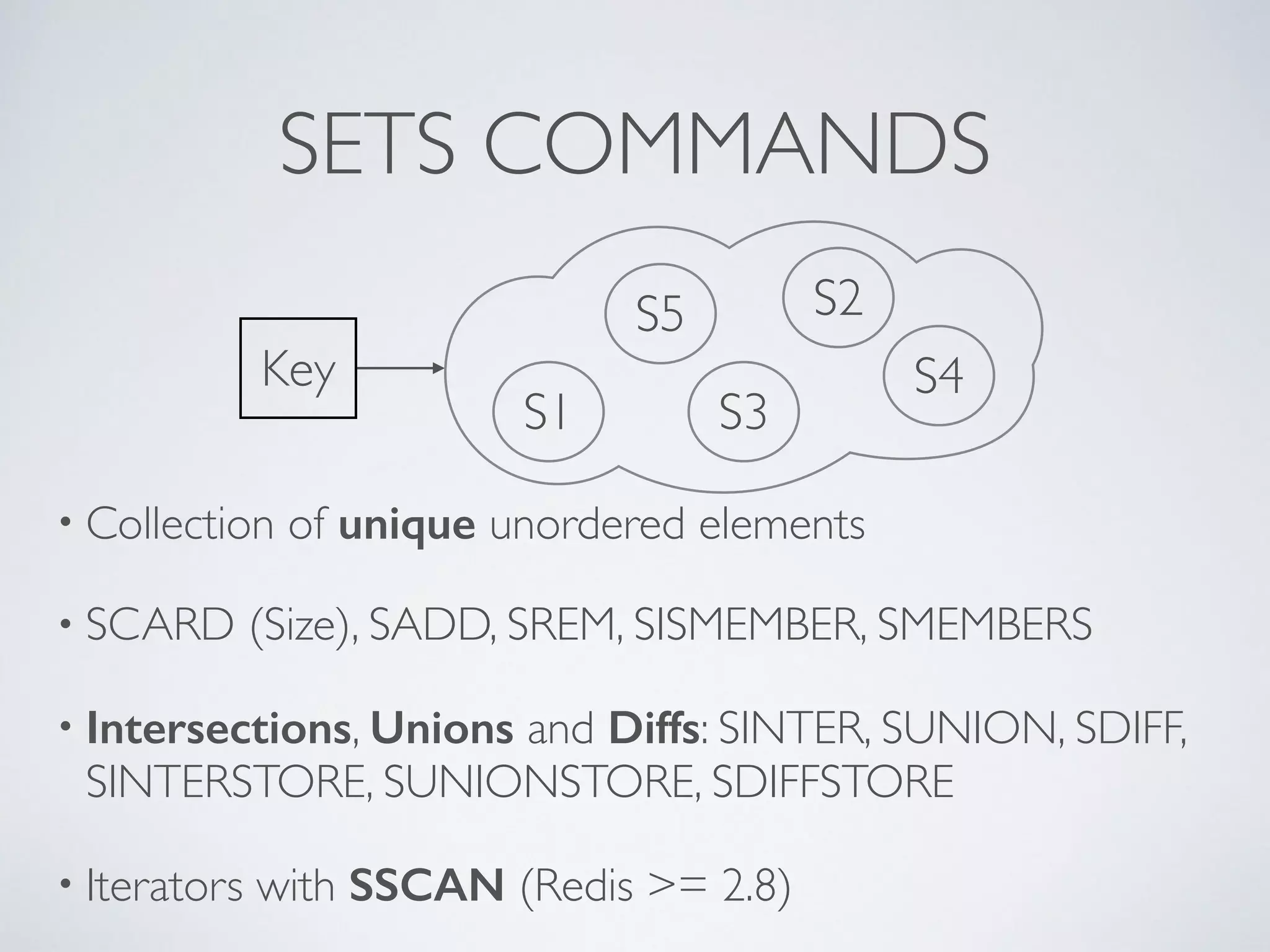 SETS COMMANDS Key S1 S5 S3 S2 S4 • Collection of unique unordered elements • SCARD (Size), SADD, SREM, SISMEMBER, SMEMBERS • Intersections, Unions and Diffs: SINTER, SUNION, SDIFF, SINTERSTORE, SUNIONSTORE, SDIFFSTORE • Iterators with SSCAN (Redis >= 2.8) 