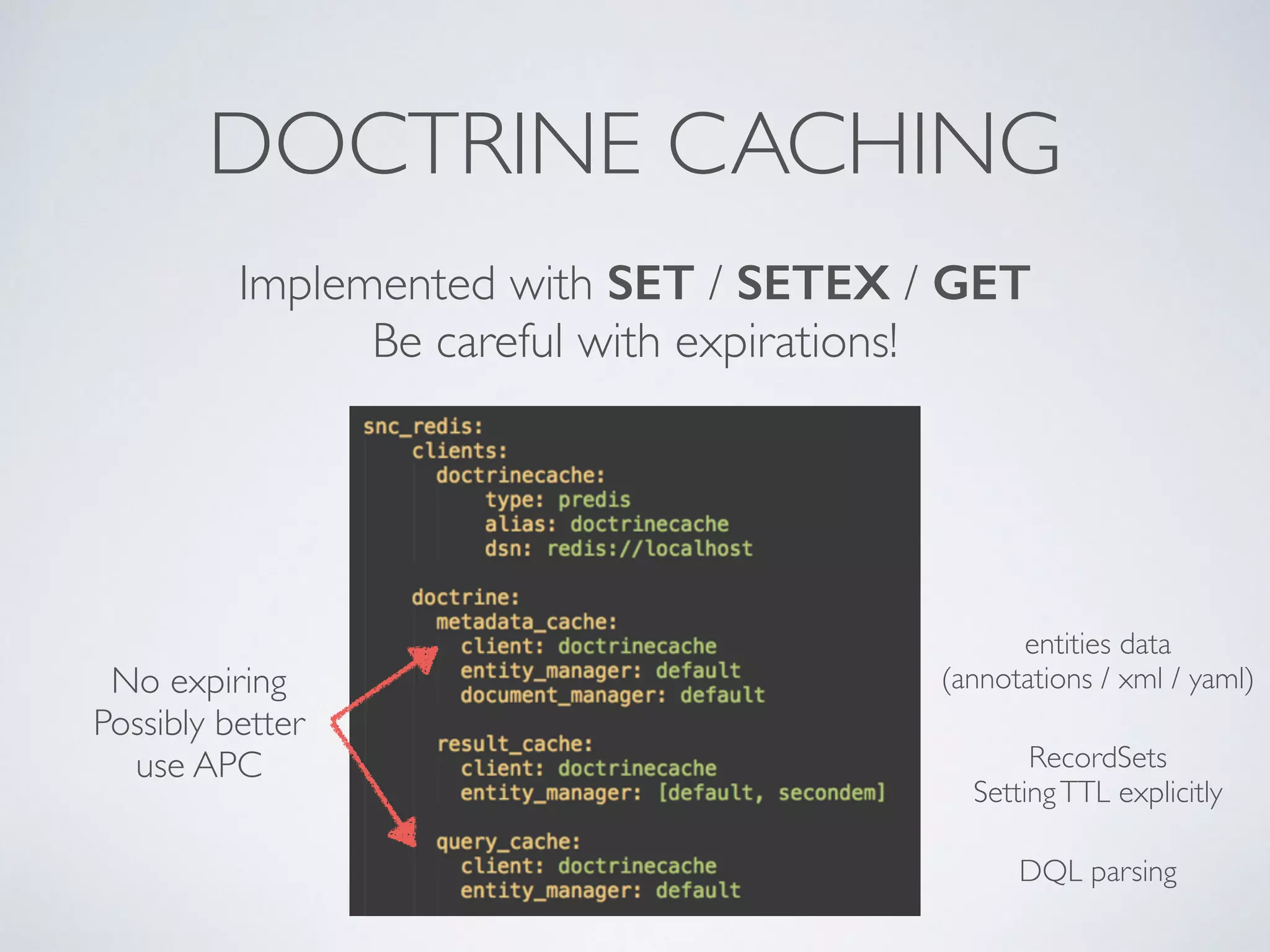 DOCTRINE CACHING Implemented with SET / SETEX / GET Be careful with expirations! No expiring Possibly better use APC entities data (annotations / xml / yaml) RecordSets Setting TTL explicitly DQL parsing 