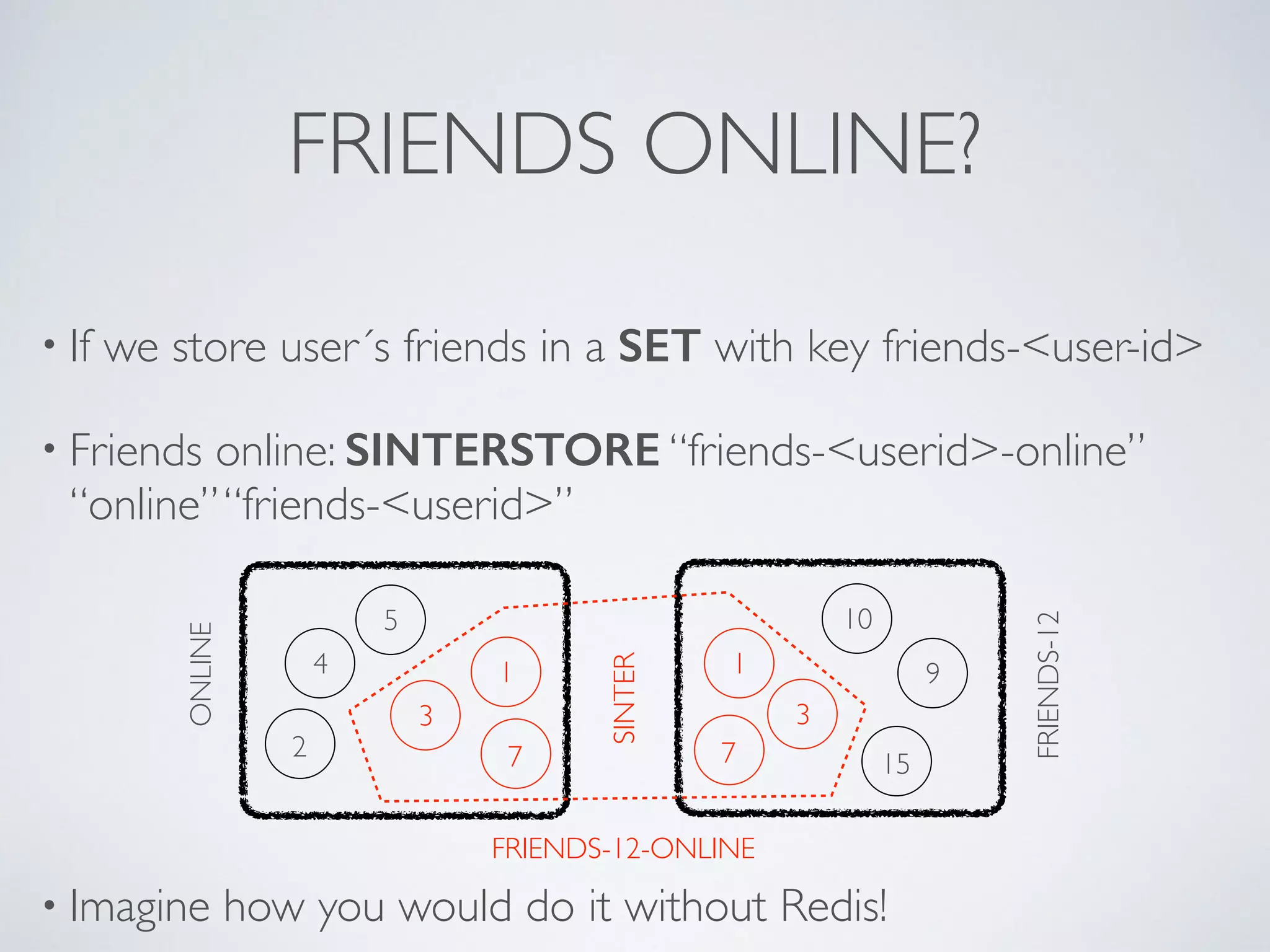 FRIENDS ONLINE? • If we store user´s friends in a SET with key friends-<user-id> • Friends online: SINTERSTORE “friends-<userid>-online” “online” “friends-<userid>” ! ! 1 7 3 5 2 4 15 1 ! • Imagine how you would do it without Redis! 9 3 10 7 ONLINE FRIENDS-12 SINTER FRIENDS-12-ONLINE 
