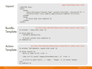 app/views/base.html.twig
Layout:     <!DOCTYPE html>
            <html>
                <head>
                    <meta http-equiv="Content-Type" content="text/html; charset=utf-8" />
                    <title>{% block title %}Hello Application{% endblock %}</title>
                </head>
                <body>
                    {% block body %}{% endblock %}
                </body>
            </html>



Bundle-                        src/Paul/HelloBundle/Resources/views/layout.html.twig
            {% extends "::base.html.twig" %}
Template:   {% block body %}
                <h1>Hello Bundle</h1>

                {% block content %}{% endblock %}
            {% endblock %}



Action-                  src/Paul/HelloBundle/Resources/views/Hello/index.html.twig
            {% extends "HelloBundle::layout.html.twig" %}
Template:   {% block content %}
                Hello {{ name }}!<br /><br />

               <img src="{{ asset('images/katzenbank.png') }}" /><br />

                <a href="{{ path('hello', { 'name': 'Thomas' }) }}">Greet Thomas!
            </a>
            {% endblock %}


                                                                                    Mayflower GmbH I 17
 