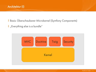 Architektur (I)



I Basis: Überschaubarer Microkernel (Symfony Components)
I „Everything else is a bundle“




              MVC        Doctrine      Twig   Security



                                  Kernel



                                                           Mayflower GmbH I 4
 