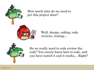 How much time do we need to
                get this project done?




                        Well, design, coding, code
                        reviews, testing…	
  


                 Do we really need to code review the
                 code? You surely know how to code, and
                 you have tested it and it works… Right?


Scenario 1	

 