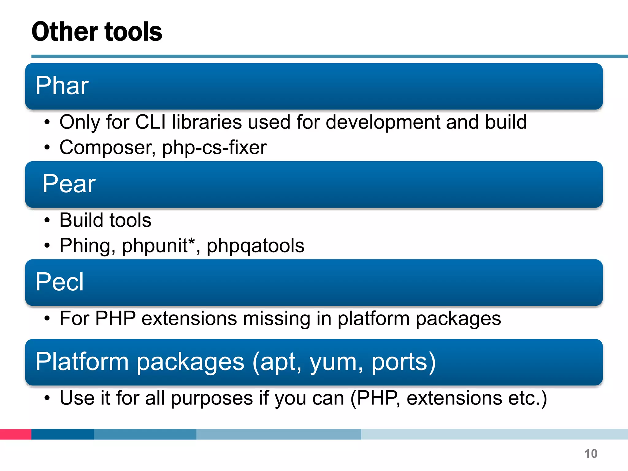 Phar
• Only for CLI libraries used for development and build
• Composer, php-cs-fixer
Pear
• Build tools
• Phing, phpunit*, phpqatools
Pecl
• For PHP extensions missing in platform packages
Platform packages (apt, yum, ports)
• Use it for all purposes if you can (PHP, extensions etc.)
Other tools
10
 