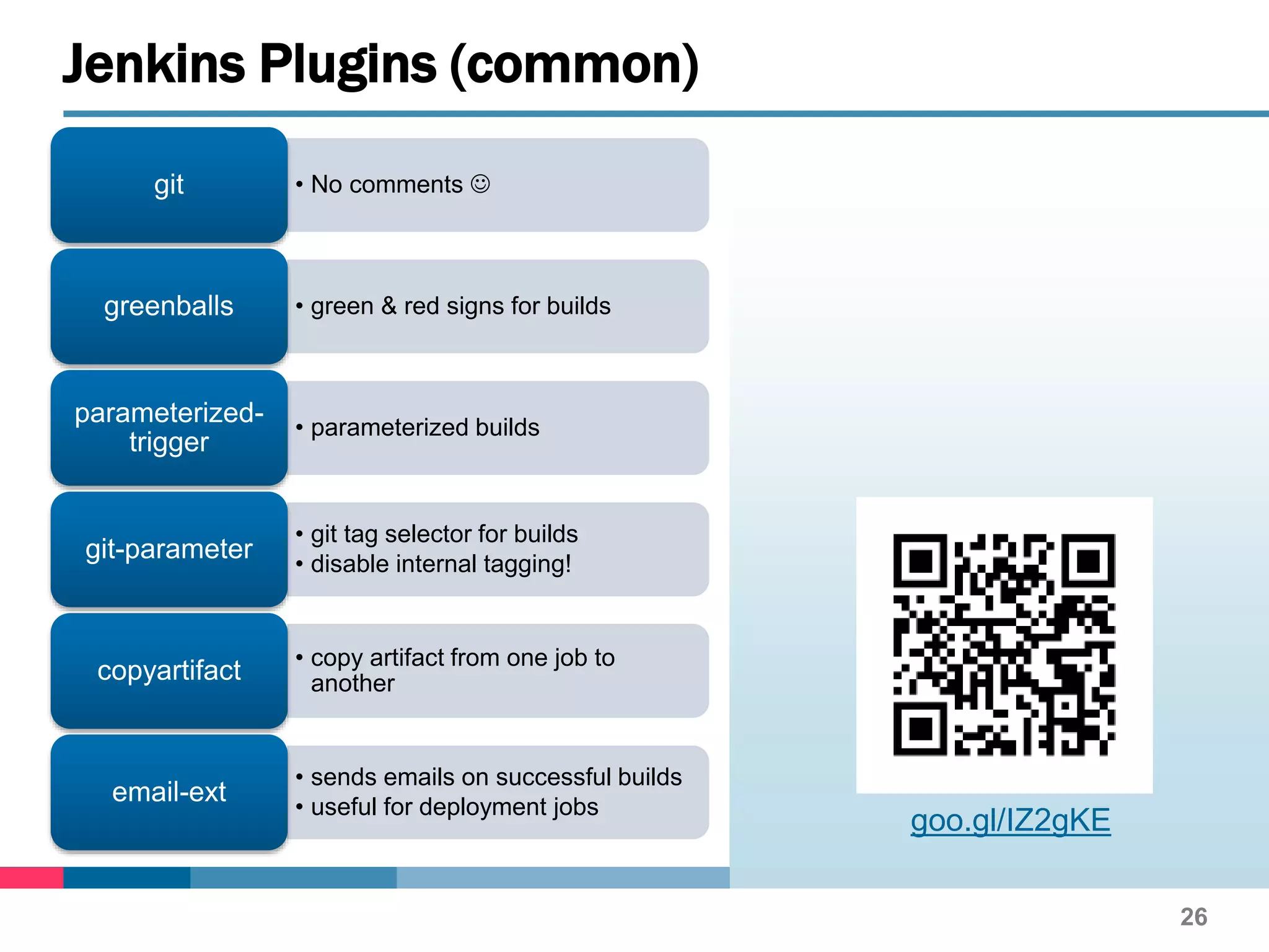 • No comments git
• green & red signs for buildsgreenballs
• parameterized builds
parameterized-
trigger
• git tag selector for builds
• disable internal tagging!
git-parameter
• copy artifact from one job to
anothercopyartifact
• sends emails on successful builds
• useful for deployment jobs
email-ext
26
Jenkins Plugins (common)
goo.gl/IZ2gKE
 