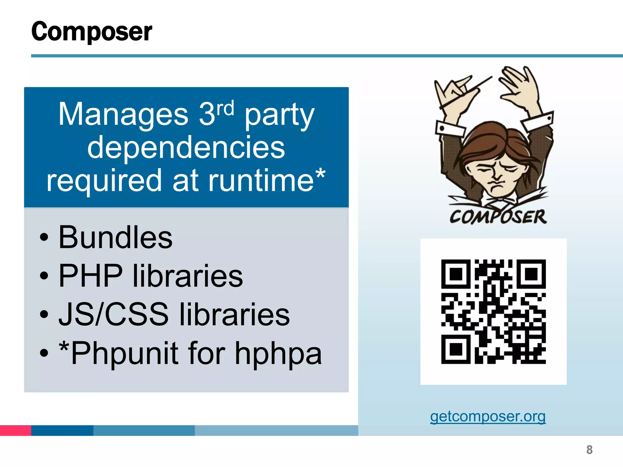 Manages 3rd party
dependencies
required at runtime*
• Bundles
• PHP libraries
• JS/CSS libraries
• *Phpunit for hphpa
8
Composer
getcomposer.org
 