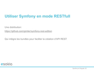 Symfony et Angular JS
Utiliser Symfony en mode RESTfull
Une distribution:
https://github.com/gimler/symfony-rest-edition
Qui intègre les bundles pour faciliter la création d’API REST
 