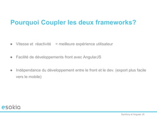 Symfony et Angular JS
Pourquoi Coupler les deux frameworks?
● Vitesse et réactivité = meilleure expérience utilisateur
● Facilité de développements front avec AngularJS
● Indépendance du développement entre le front et le dev. (export plus facile
vers le mobile)
 