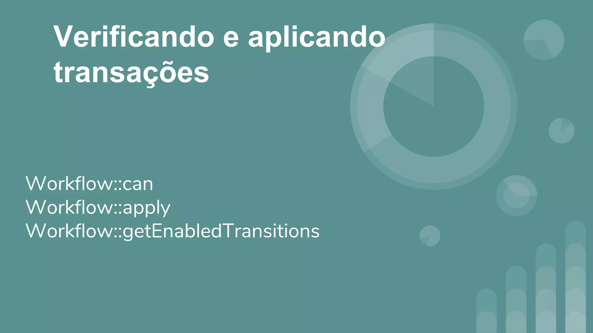 Verificando e aplicando
transações
Workflow::can
Workflow::apply
Workflow::getEnabledTransitions
 