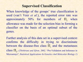 Supervised Classification
When knowledge of the groups’ true classification is
used (van’t Veer et al.), the reported error rate was
approximately 50% for members of Π2 when
allowance was made for the selection bias in forming a
classifier on the basis of an optimal subset of the
genes.

Further analysis of this data set in a supervised context
confirms the difficulty in trying to discriminate
between the disease-free class Π1 and the metastases
class Π2. (Tibshirani and Efron, 2002, “Pre-Validation and Inference in
Microarrays”, Statistical Applications In Genetics And Molecular Biology 1)
 