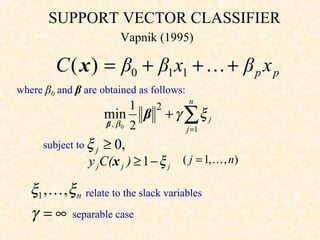 SUPPORT VECTOR CLASSIFIER
                           Vapnik (1995)

         C ( x ) = β0 + β1 x1 +  + β p x p
where β0 and β are obtained as follows:
                                          n
                                1
                                    β + γ ∑ξ j
                                     2
                       min
                       β , β0   2         j =1
      subject to ξ j   ≥ 0,
                 y j C(x j ) ≥ 1 − ξ j ( j = 1, , n)

   ξ1 ,, ξ n relate to the slack variables
   γ = ∞ separable case
 