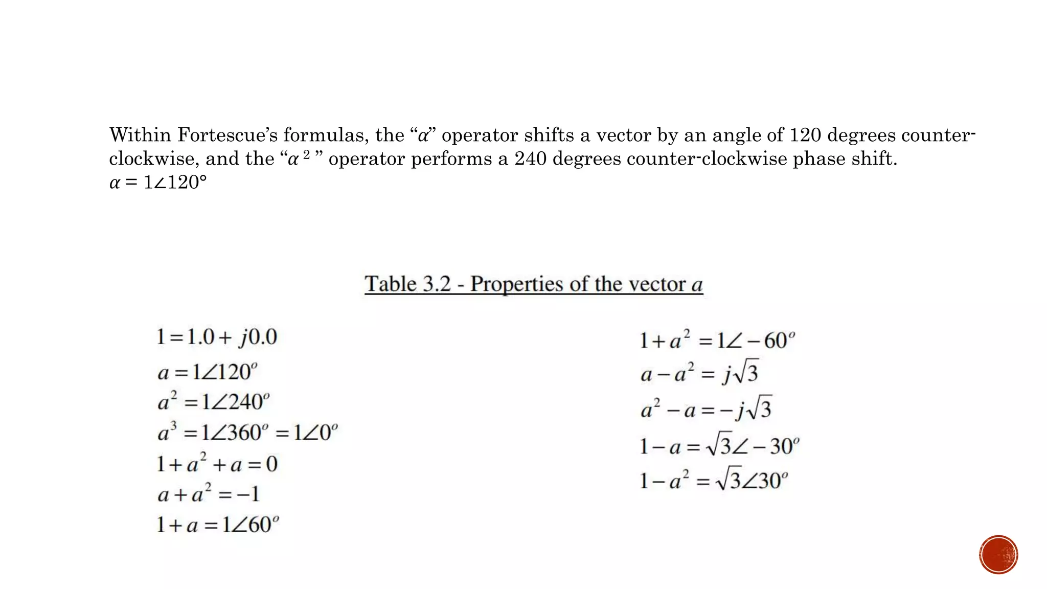 Within Fortescue’s formulas, the “α” operator shifts a vector by an angle of 120 degrees counter-
clockwise, and the “α 2 ” operator performs a 240 degrees counter-clockwise phase shift.
α = 1∠120°
 