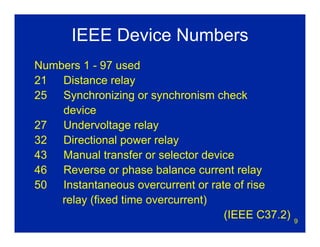 9
IEEE Device Numbers
Numbers 1 - 97 used
21 Distance relay
25 Synchronizing or synchronism check
device
27 Undervoltage relay
32 Directional power relay
43 Manual transfer or selector device
46 Reverse or phase balance current relay
50 Instantaneous overcurrent or rate of rise
relay (fixed time overcurrent)
(IEEE C37.2)
 
