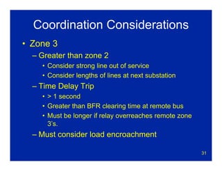 31
Coordination Considerations
• Zone 3
– Greater than zone 2
• Consider strong line out of service
• Consider lengths of lines at next substation
– Time Delay Trip
• > 1 second
• Greater than BFR clearing time at remote bus
• Must be longer if relay overreaches remote zone
3’s.
– Must consider load encroachment
 