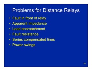 33
Problems for Distance Relays
• Fault in front of relay
• Apparent Impedance
• Load encroachment
• Fault resistance
• Series compensated lines
• Power swings
 