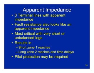 35
Apparent Impedance
• 3 Terminal lines with apparent
impedance
• Fault resistance also looks like an
apparent impedance
• Most critical with very short or
unbalanced legs
• Results in
– Short zone 1 reaches
– Long zone 2 reaches and time delays
• Pilot protection may be required
 