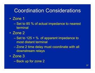 37
Coordination Considerations
• Zone 1
– Set to 85 % of actual impedance to nearest
terminal
• Zone 2
– Set to 125 + % of apparent impedance to
most distant terminal
– Zone 2 time delay must coordinate with all
downstream relays
• Zone 3
– Back up for zone 2
 