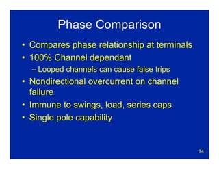 74
Phase Comparison
• Compares phase relationship at terminals
• 100% Channel dependant
– Looped channels can cause false trips
• Nondirectional overcurrent on channel
failure
• Immune to swings, load, series caps
• Single pole capability
 