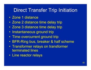 82
Direct Transfer Trip Initiation
• Zone 1 distance
• Zone 2 distance time delay trip
• Zone 3 distance time delay trip
• Instantaneous ground trip
• Time overcurrent ground trip
• BFR-Ring bus, breaker & half scheme
• Transformer relays on transformer
terminated lines
• Line reactor relays
 