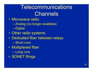93
Telecommunications
Channels
• Microwave radio
– Analog (no longer available)
– Digital
• Other radio systems
• Dedicated fiber between relays
– Short runs
• Multiplexed fiber
– Long runs
• SONET Rings
 
