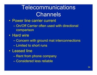 94
Telecommunications
Channels
• Power line carrier current
– On/Off Carrier often used with directional
comparison
• Hard wire
– Concern with ground mat interconnections
– Limited to short runs
• Leased line
– Rent from phone company
– Considered less reliable
 