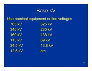 34
Base kV
Use nominal equipment or line voltages
765 kV 525 kV
345 kV 230 kV
169 kV 138 kV
115 kV 69 kV
34.5 kV 13.8 kV
12.5 kV etc.
 