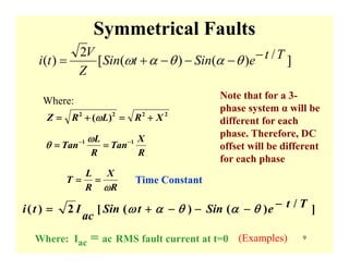 9
Symmetrical Faults
]/)()([
2
)( TteSintSin
Z
V
ti −−−−+= θαθαω
2222
)( XRLRZ +=+= ω
R
X
Tan
R
L
Tan 11 −−
==
ω
θ
Where:
R
X
R
L
T
ω
== Time Constant
]/)()([2)( TteSintSin
ac
Iti −−−−+= θαθαω
Where: Iac = ac RMS fault current at t=0 (Examples)
Note that for a 3-
phase system α will be
different for each
phase. Therefore, DC
offset will be different
for each phase
 