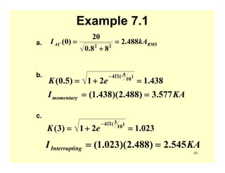 16
Example 7.1
a. RMSAC kAI 488.2
88.0
20
)0( 22
=
+
=
b.
438.121)5.0(
)
10
5.(4
=+=
Π−
eK
KAImomentary 577.3)488.2)(438.1( ==
c.
023.121)3(
)
10
3(4
=+=
Π−
eK
KAI ngInterrupti 545.2)488.2)(023.1( ==
 