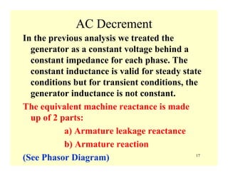 17
AC Decrement
In the previous analysis we treated the
generator as a constant voltage behind a
constant impedance for each phase. The
constant inductance is valid for steady state
conditions but for transient conditions, the
generator inductance is not constant.
The equivalent machine reactance is made
up of 2 parts:
a) Armature leakage reactance
b) Armature reaction
(See Phasor Diagram)
 
