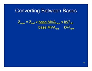 40
Converting Between Bases
Znew = Zold x base MVAnew x kV2
old
base MVAold kV2
new
 