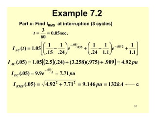 32
Example 7.2
Part c: Find IRMS at interruption (3 cycles)
.sec05.0
60
3
==t
⎥
⎦
⎤
⎢
⎣
⎡
+⎟
⎠
⎞
⎜
⎝
⎛
−+⎟
⎠
⎞
⎜
⎝
⎛
−= −−
1.1
1
1.1
1
24.
1
24.
1
15.
1
05.1)( 205.035.
05.
eetIAC
( )[ ] puIAC 92.4909.)975)(.258.3()24(.5.205.1)05(. =++=
pueIDC 71.79.9)05(. 2.
05.
==
−
kApuIRMS 132146.971.792.4)05(. 22
==+= c
 