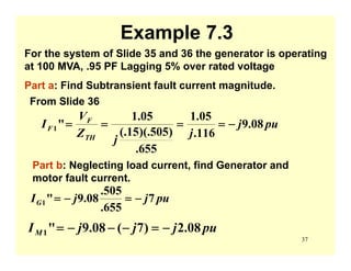 37
Example 7.3
For the system of Slide 35 and 36 the generator is operating
at 100 MVA, .95 PF Lagging 5% over rated voltage
Part a: Find Subtransient fault current magnitude.
From Slide 36
puj
j
j
Z
V
I
TH
F
F 08.9
116.
05.1
655.
)505)(.15(.
05.1
"1 −====
Part b: Neglecting load current, find Generator and
motor fault current.
pujjIG 7
655.
505.
08.9"1 −=−=
pujjjIM 08.2)7(08.9"1 −=−−−=
 