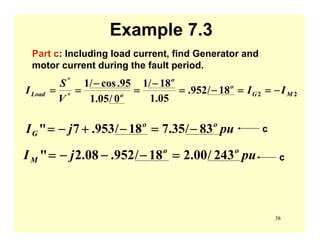 38
Example 7.3
Part c: Including load current, find Generator and
motor current during the fault period.
22*
*
18/952.
05.1
18/1
0/05.1
95.cos/1
MG
o
o
oLoad II
V
S
I −==−=
−
=
−
==
pujI oo
G 83/35.718/953.7" −=−+−=
pujI oo
M 243/00.218/952.08.2" =−−−=
c
c
 