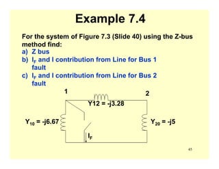 45
Example 7.4
For the system of Figure 7.3 (Slide 40) using the Z-bus
method find:
a) Z bus
b) IF and I contribution from Line for Bus 1
fault
c) IF and I contribution from Line for Bus 2
fault
Y20 = -j5Y10 = -j6.67
Y12 = -j3.28
1 2
IF
 