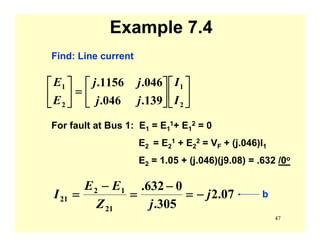 47
Example 7.4
⎥
⎦
⎤
⎢
⎣
⎡
⎥
⎦
⎤
⎢
⎣
⎡
=⎥
⎦
⎤
⎢
⎣
⎡
2
1
2
1
139.046.
046.1156.
I
I
jj
jj
E
E
For fault at Bus 1: E1 = E1
1+ E1
2 = 0
E2 = E2
1 + E2
2 = VF + (j.046)I1
E2 = 1.05 + (j.046)(j9.08) = .632 /0o
07.2
305.
0632.
21
12
21 j
jZ
EE
I −=
−
=
−
=
Find: Line current
b
 