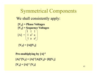 63
Symmetrical Components
We shall consistently apply:
[VP] = Phase Voltages
[VS] = Sequence Voltages
1 1 1
[A] = 1 a2 a
1 a a2
[VP] = [A][VS]
Pre-multiplying by [A]-1
[A]-1[VP] = [A]-1[A][VS]= [I][VS]
[VS] = [A]-1 [VP]
 