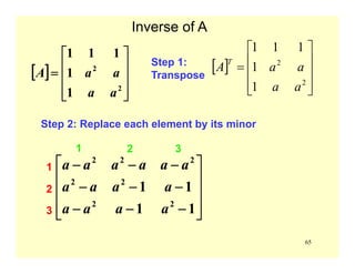 65
Inverse of A
[ ]
⎥
⎥
⎥
⎦
⎤
⎢
⎢
⎢
⎣
⎡
=
2
2
1
1
111
aa
aaA
Step 1:
Transpose
[ ]
⎥
⎥
⎥
⎦
⎤
⎢
⎢
⎢
⎣
⎡
=
2
2
1
1
111
aa
aaA
T
Step 2: Replace each element by its minor
⎥
⎥
⎥
⎦
⎤
⎢
⎢
⎢
⎣
⎡
−−−
−−−
−−−
11
11
22
22
222
aaaa
aaaa
aaaaaa1
1
2
3
2 3
 