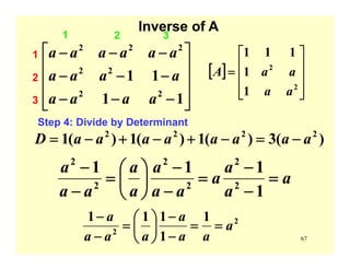 67
Inverse of A
⎥
⎥
⎥
⎦
⎤
⎢
⎢
⎢
⎣
⎡
−−−
−−−
−−−
11
11
22
22
222
aaaa
aaaa
aaaaaa1
1
2
3
2 3
Step 4: Divide by Determinant
[ ]
⎥
⎥
⎥
⎦
⎤
⎢
⎢
⎢
⎣
⎡
=
2
2
1
1
111
aa
aaA
)(3)(1)(1)(1 2222
aaaaaaaaD −=−+−+−=
a
a
a
a
aa
a
a
a
aa
a
=
−
−
=
−
−
⎟
⎠
⎞
⎜
⎝
⎛
=
−
−
1
111
2
2
2
2
2
2
2
2
1
1
111
a
aa
a
aaa
a
==
−
−
⎟
⎠
⎞
⎜
⎝
⎛
=
−
−
 
