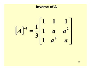 68
Inverse of A
[ ]
⎥
⎥
⎥
⎦
⎤
⎢
⎢
⎢
⎣
⎡
=
−
aa
aaA
2
21
1
1
111
3
1
 