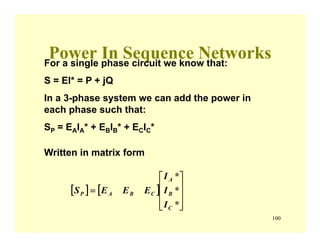100
Power In Sequence NetworksFor a single phase circuit we know that:
S = EI* = P + jQ
In a 3-phase system we can add the power in
each phase such that:
SP = EAIA* + EBIB* + ECIC*
Written in matrix form
[ ] [ ]
⎥
⎥
⎥
⎦
⎤
⎢
⎢
⎢
⎣
⎡
=
*
*
*
C
B
A
CBAP
I
I
I
EEES
 