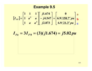 135
Example 9.5
This image cannot currently be displayed.
[ ]
⎥
⎥
⎥
⎦
⎤
⎢
⎢
⎢
⎣
⎡
=
⎥
⎥
⎥
⎦
⎤
⎢
⎢
⎢
⎣
⎡
−
⎥
⎥
⎥
⎦
⎤
⎢
⎢
⎢
⎣
⎡
=
pu
pu
j
j
j
aa
aaI
o
o
FP
3.21/9.6
7.158/9.6
0
873.2
547.4
674.1
1
1
111
2
2
a
b
c
pujjII FFn 02.5)674.1)(3(3 0 ===
 