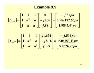 137
Example 9.5
[ ]
⎥
⎥
⎥
⎦
⎤
⎢
⎢
⎢
⎣
⎡ −
=
⎥
⎥
⎥
⎦
⎤
⎢
⎢
⎢
⎣
⎡
−
⎥
⎥
⎥
⎦
⎤
⎢
⎢
⎢
⎣
⎡
=
pu
pu
puj
j
j
aa
aaI
o
o
GFP
4.7/98.1
6.172/98.1
51.
88.
39.1
0
1
1
111
2
2
[ ]
⎥
⎥
⎥
⎦
⎤
⎢
⎢
⎢
⎣
⎡ −
=
⎥
⎥
⎥
⎦
⎤
⎢
⎢
⎢
⎣
⎡
−
⎥
⎥
⎥
⎦
⎤
⎢
⎢
⎢
⎣
⎡
=
pu
pu
puj
j
j
j
aa
aaI
o
o
MFP
9.26/0.5
1.153/0.5
504.
99.1
16.3
674.1
1
1
111
2
2
 
