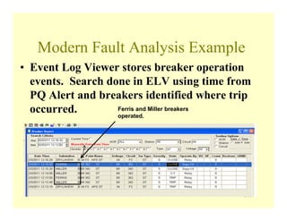 144
Modern Fault Analysis Example
• Event Log Viewer stores breaker operation
events. Search done in ELV using time from
PQ Alert and breakers identified where trip
occurred. Ferris and Miller breakers
operated.
 