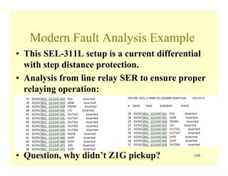 150
Modern Fault Analysis Example
• This SEL-311L setup is a current differential
with step distance protection.
• Analysis from line relay SER to ensure proper
relaying operation:
• Question, why didn’t Z1G pickup?
 