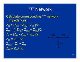 59
“T” Network
Calculate corresponding “T” network
impedances:
ZH = (ZHL+ ZHM - ZML)/2
ZM = (- ZHL+ ZHM + ZML)/2
ZL = (ZHL- ZHM + ZML)/2
ZHL= ZH + ZL
ZHM = ZH + ZM
ZML= ZM+ ZL
ZH ZM
ZL
 