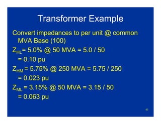61
Transformer Example
Convert impedances to per unit @ common
MVA Base (100)
ZHL= 5.0% @ 50 MVA = 5.0 / 50
= 0.10 pu
ZHM = 5.75% @ 250 MVA = 5.75 / 250
= 0.023 pu
ZML = 3.15% @ 50 MVA = 3.15 / 50
= 0.063 pu
 